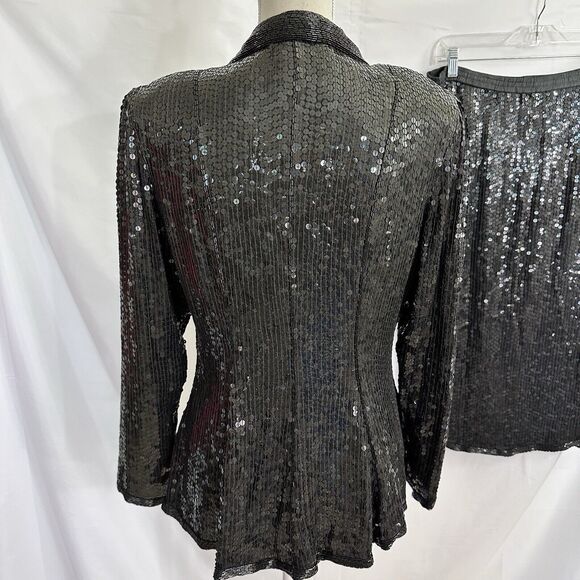 LILLIE RUBIN Black Sequin 100% Silk JACKET SKIRT SUIT VINTAGE 1990s Medium Set - Picture 7 of 8